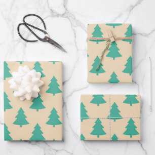 Süßes Retro-Mint-Türkis-Grün-Weihnachtsbaum-Muster Geschenkpapier Set