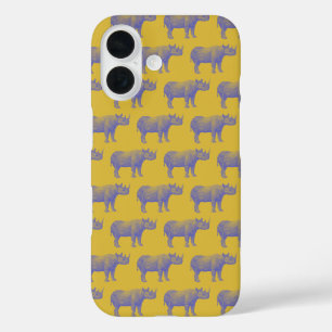 Süßes Retro-Nashorn-Rhinozeros-Muster Gelb Lila iPhone 16 Hülle