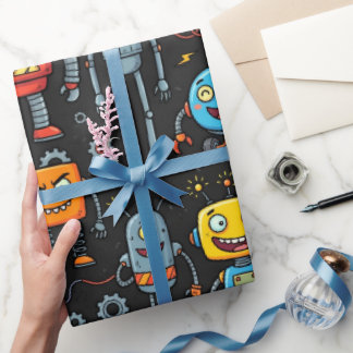 Süßes Retro-Roboter- und Monster-Muster Geschenkpapier