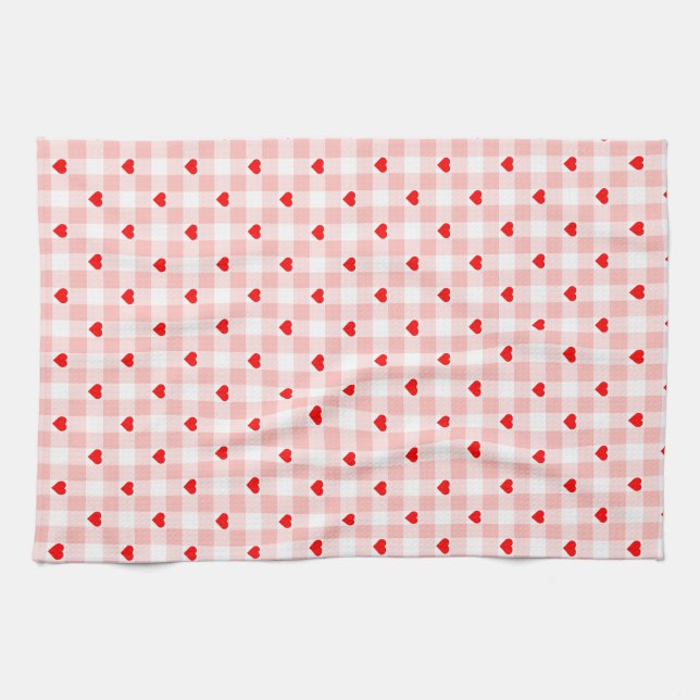 Süßes Retro-Rosa-Herz-Gingham-Karo-Muster Geschirrtuch (Horizontal)