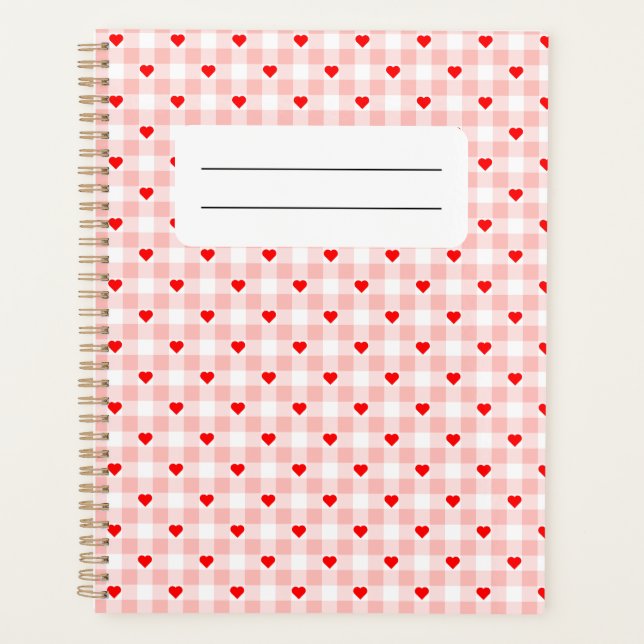 Süßes Retro-Rosa-Herz-Gingham-Karo-Muster Planer (Vorderseite)