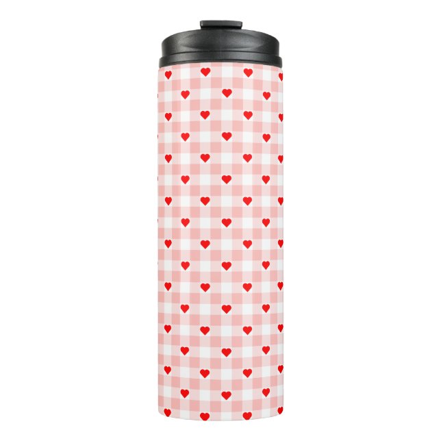 Süßes Retro-Rosa-Herz-Gingham-Karo-Muster Thermosbecher (Vorderseite)