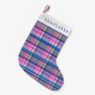 Süßes Retro-Rosa-Karomuster personalisierter Name  Kleiner Weihnachtsstrumpf
