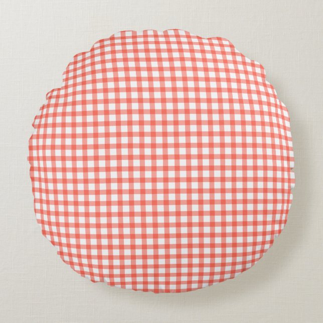 Süßes Retro-Rot Gingham Karomuster Rundes Kissen (Vorderseite)