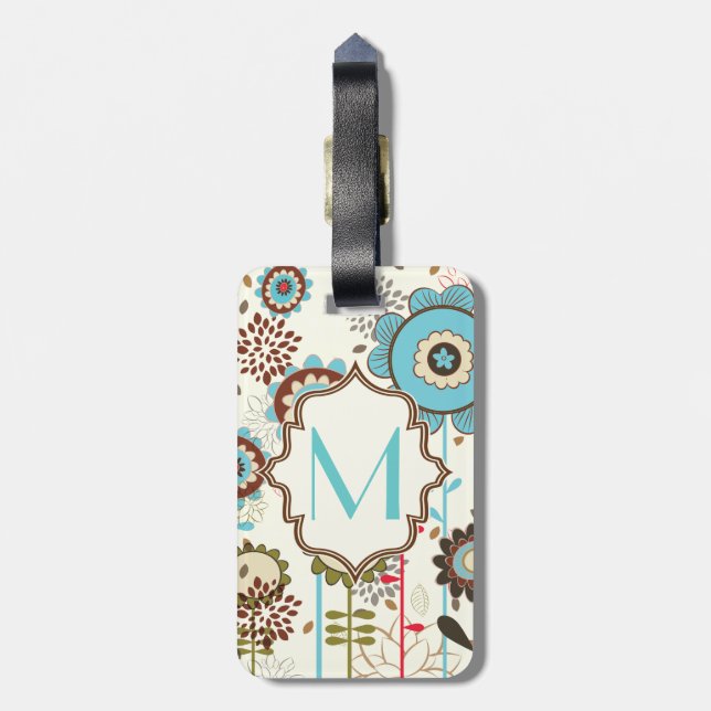 Süßes Retro-Türkis-Blumenmuster-Monogramm Gepäckanhänger (Rückseite vertikal)