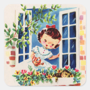 Süßes retro-vintage Mädchen gießt Blumen Quadratischer Aufkleber