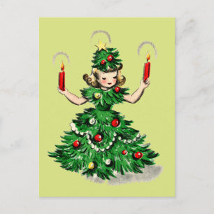 Süßes Retro-Vintage-Weihnachtsbaum-Mädchen Feiertagspostkarte