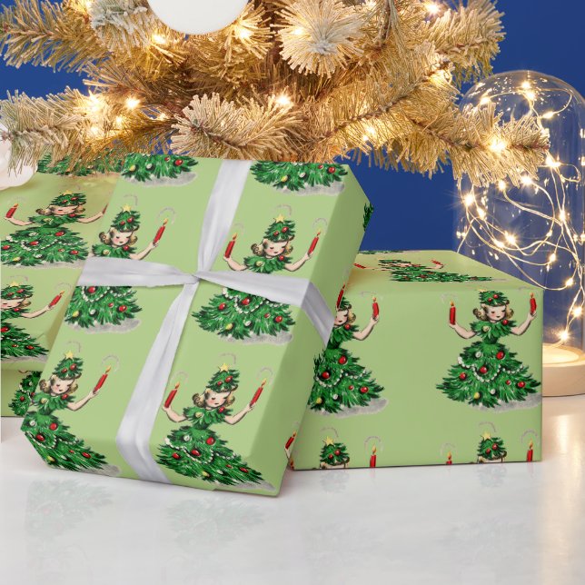 Süßes Retro-Vintage-Weihnachtsbaum-Mädchen  Geschenkpapier (Feiertage)