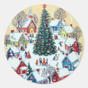 Süßes Retro-Vintage-Weihnachtsdorf Runder Aufkleber