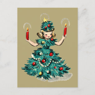 Süßes Retro-Weihnachtsbaum-Mädchen im Vintage-Stil Feiertagspostkarte