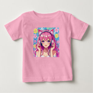 Süßes rosa Anime-Mädchen mit Kopfhörern Baby T-shirt