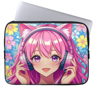 Süßes rosa Anime-Mädchen mit Kopfhörern Laptopschutzhülle