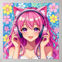 Süßes rosa Anime-Mädchen mit Kopfhörern