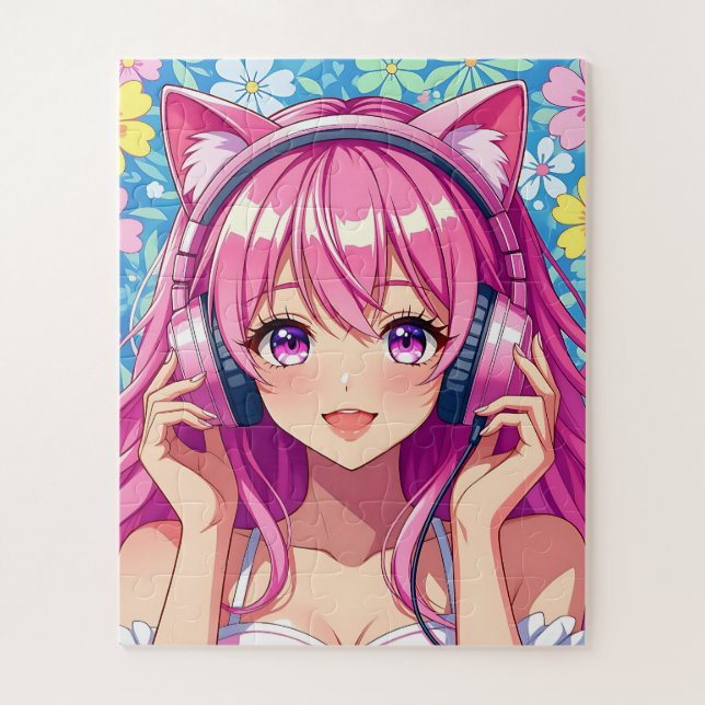 Süßes rosa Anime-Mädchen mit Kopfhörern Puzzle (Vertikal)