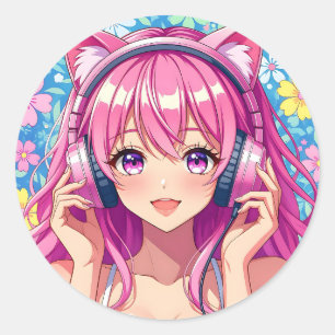 Süßes rosa Anime-Mädchen mit Kopfhörern Runder Aufkleber
