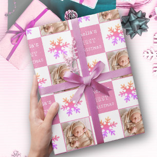 Süßes Rosa Baby erstes Weihnachten Schneeflocke Fo Geschenkpapier