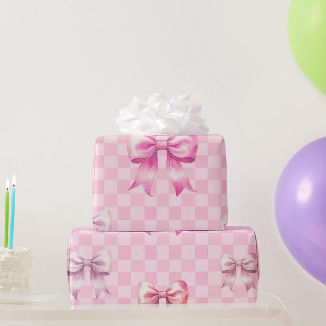 Süßes rosa Band und Gingham süßes Mädchen-Muster Geschenkpapier (Partygeschenke)