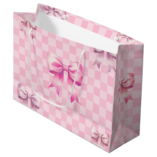 Süßes rosa Band und Gingham süßes Mädchenmuster Große Geschenktüte (Vorderseite Schrägansicht)