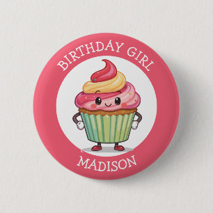 Süßes rosa Cupcake personalisiertes Geburtstagsmäd Button