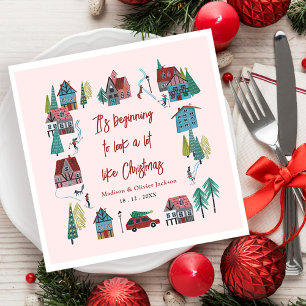 Süßes rosa Dorf Weihnachtsfeier Serviette