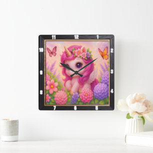 Süßes Rosa Einhorn Schmetterling Quadratische Wanduhr