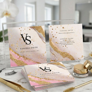 Süßes Rosa Gold Glitter Marmor Achat Monogramm Quadratische Visitenkarte