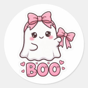 Süßes rosa Halloween-Geister-Schleifendesign Runder Aufkleber