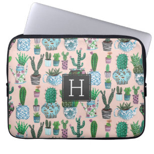 Süßes rosa Kaktus-Sukkulenten-Monogramm-Muster Laptopschutzhülle