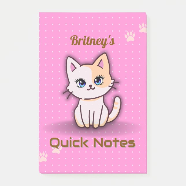 Süßes Rosa Kätzchen Katze Personalisierter Name Post-it Klebezettel (Vorderseite)