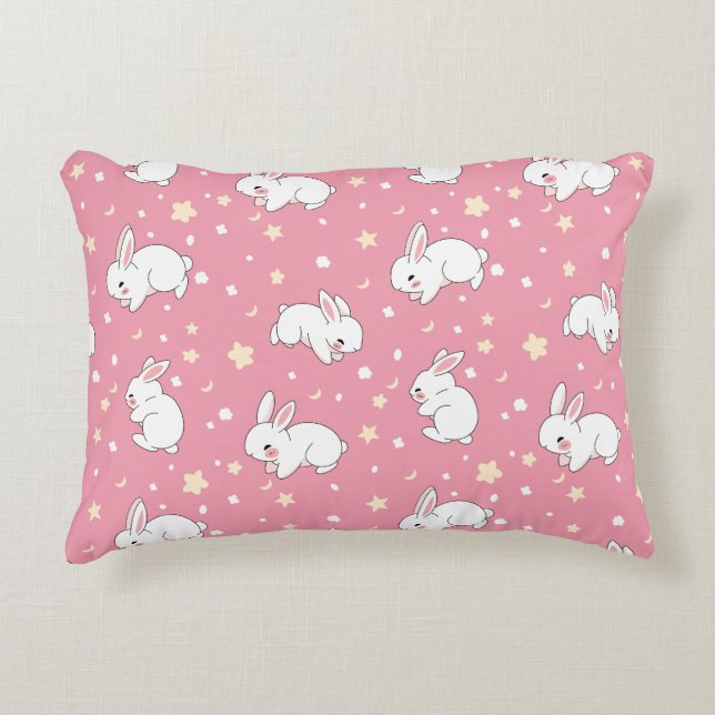 Süßes Rosa Kawaii-Hasen-Doodle Dekokissen (Vorderseite)