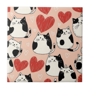 Süßes Rosa Kawaii-Katzen- und Herz-Muster (6) Fliese