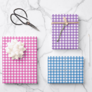 Süßes Rosa Lila Blau Gingham-Muster Geschenkpapier Set