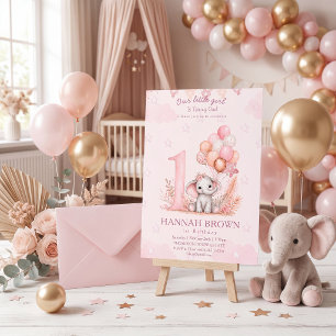 Süßes rosa Mädchen-Elefant 1. florale Geburtstagsf Einladung
