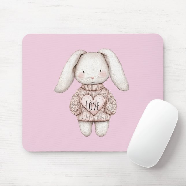 Süßes rosa niedliches Kaninchen rosa Pullover Herz Mousepad (Mit Mouse)