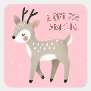Süßes rosa Rentier Kind Name Weihnachtsgeschenk Quadratischer Aufkleber