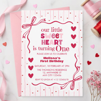 Süßes Rosa Rotes Kleines Schatz Erster Geburtstag Einladung