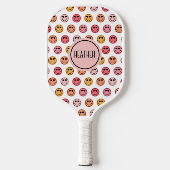 Süßes rosa Smiley-Gesicht-Muster-Monogramm Pickleball Schläger (Vorderseite)
