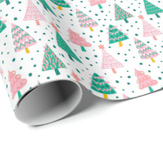Süßes Rosa- und Grün-Weihnachtsbäume-Muster Geschenkpapier