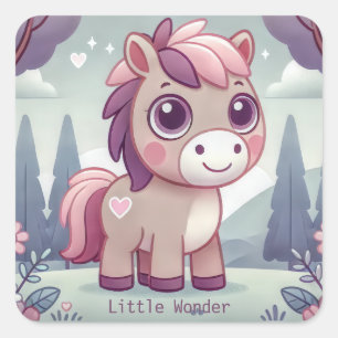 Süßes rosa und lila Pony im Pastellwald Quadratischer Aufkleber