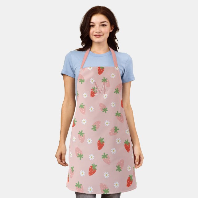 Süßes Rosa und Rotes Erdbeeren-Monogramm Schürze (Getragen)