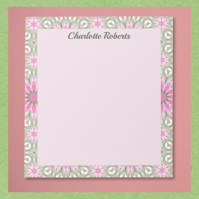 Süßes rosa und salbeigrünes Muster Notizbuch Notizblock (Notepads available in multiple sizes. Name text is optional, easy to edit/remove.)