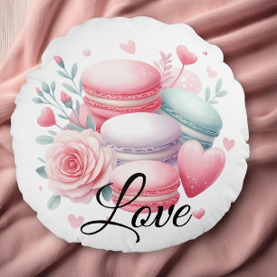 Süßes Rosa und Weißes Liebes-Macarons & Herzen Rundes Kissen