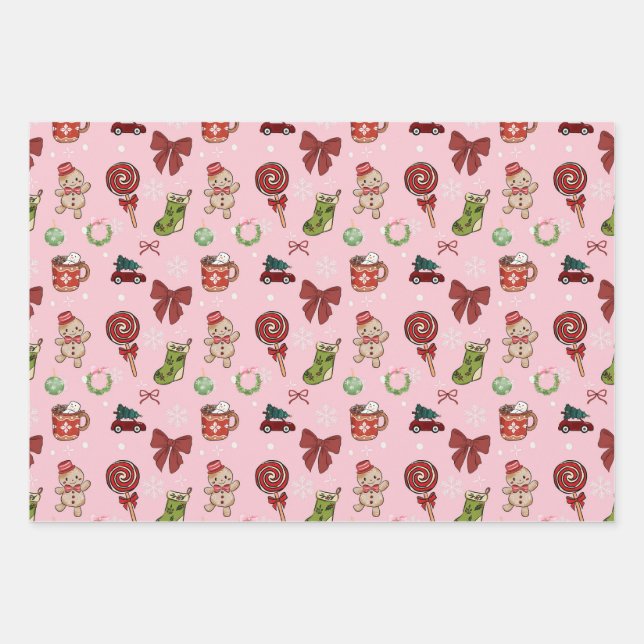 Süßes rosa Weihnachtsgeschenkpapier Geschenkpapier Set (Vorderseite)