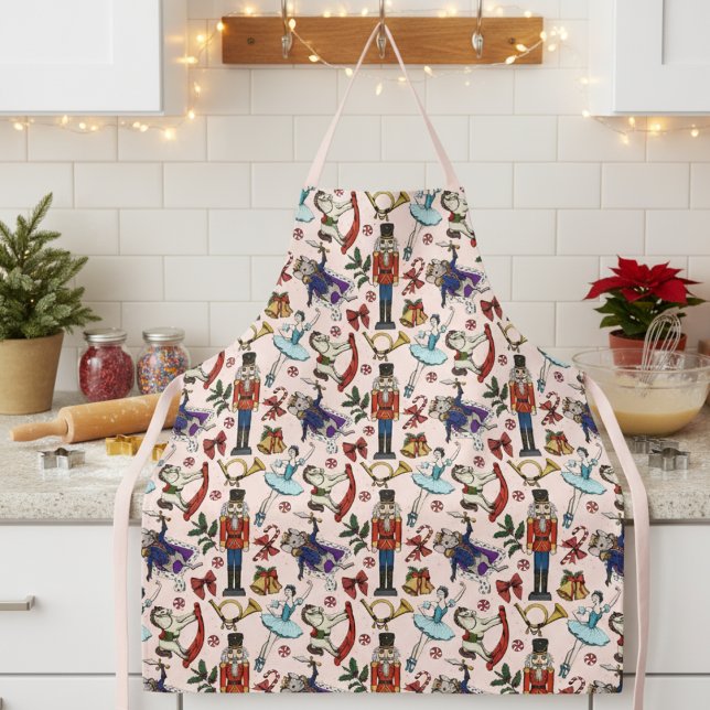 Süßes rosa Weihnachtsnussknacker-Ballett-Muster Schürze (Festive Pink and Red Nutcracker Ballet Pattern Holiday Baking Apron for Her. )