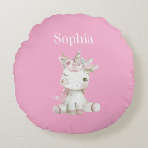 Süßes Rosa Weißes Blumen Einhorn Rundes Kissen