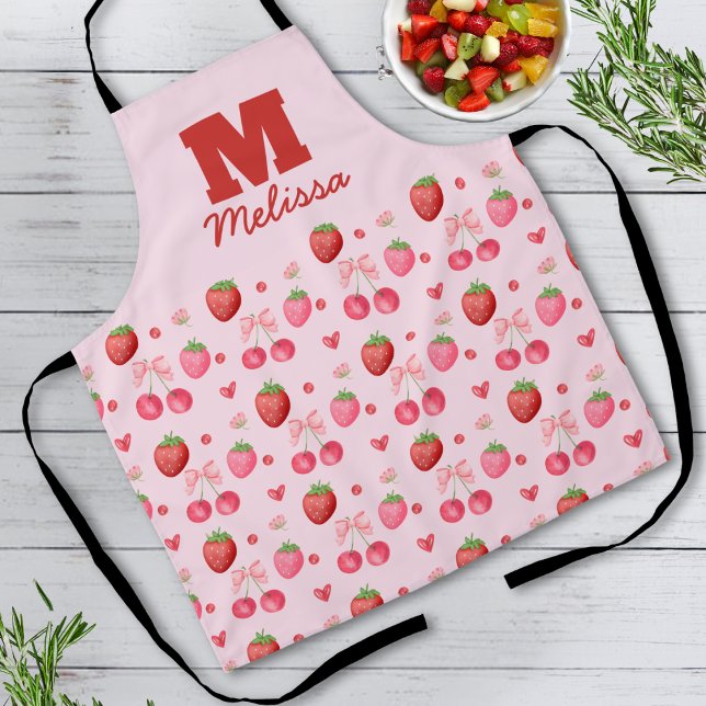 Süßes Rot Rosa Kokette Beerenmuster Monogramm Schürze (Von Creator hochgeladen)