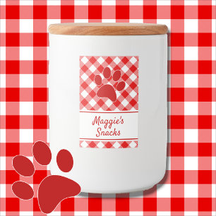 Süßes Rot-Weiß-Gingham-Karo-Muster Pfoten-Name Lebensmitteletikett