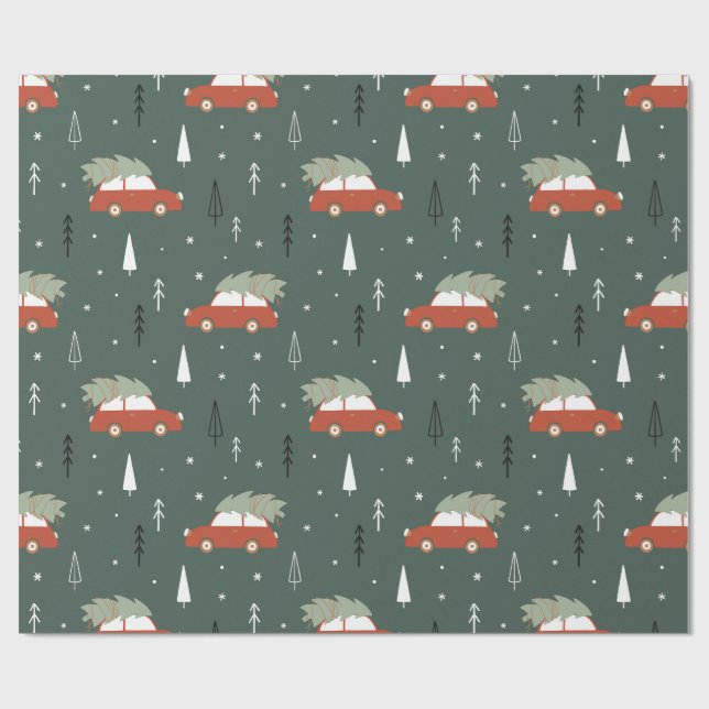 Süßes rotes Auto Weihnachtsbaum Winter Muster Geschenkpapier (Flach)