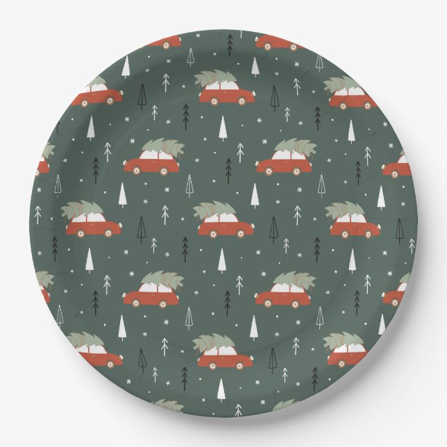 Süßes rotes Auto Weihnachtsbaum Winter Muster Pappteller (Vorderseite)