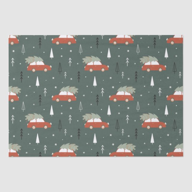 Süßes rotes Auto Weihnachtsbaum Winter Muster Seidenpapier (Vorderseite)